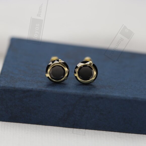 14K Solid Gold Round Stud Earrings With Black Zirconia • Fine Jewelry. - Picture 2 of 6